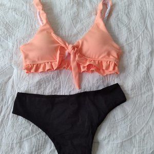 Shein bikini - orange top, black bottom, size M